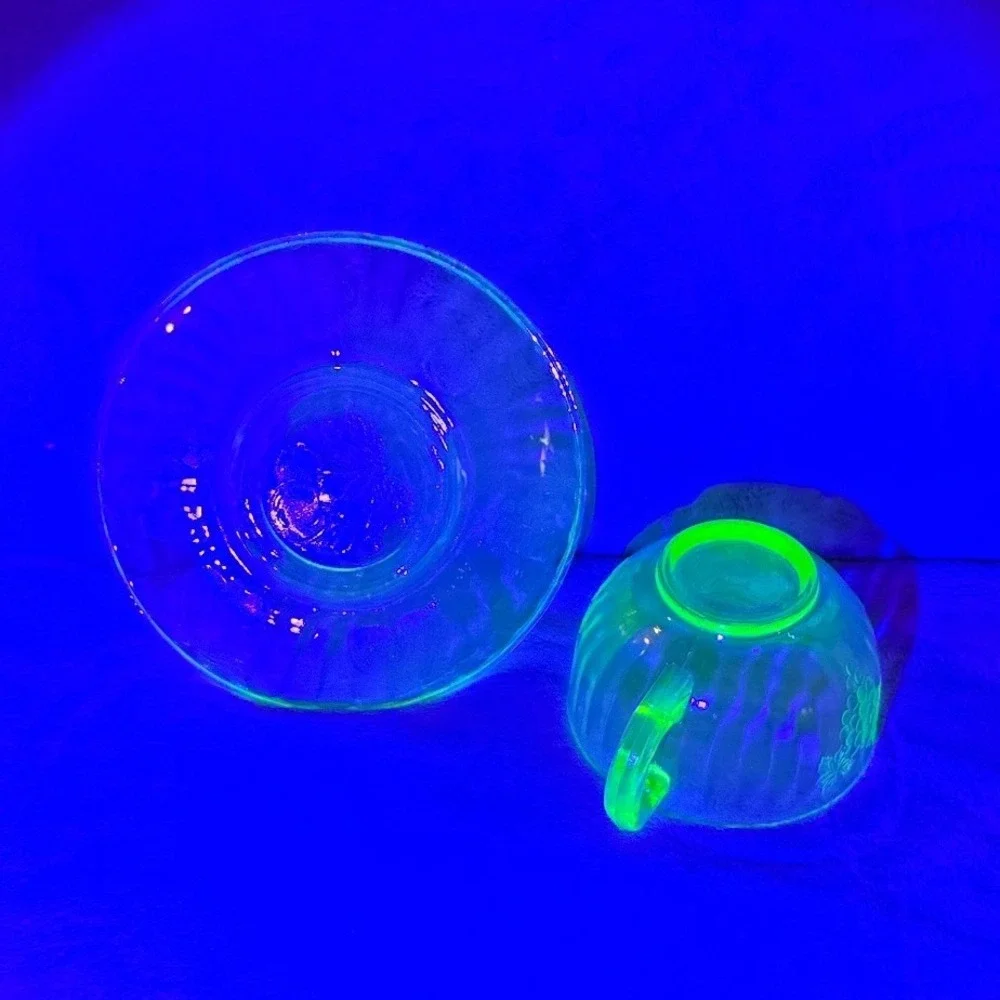 Vintage Hazel Atlas Green Uranium Glass Fruit Pattern Tea Cup and Saucer Set